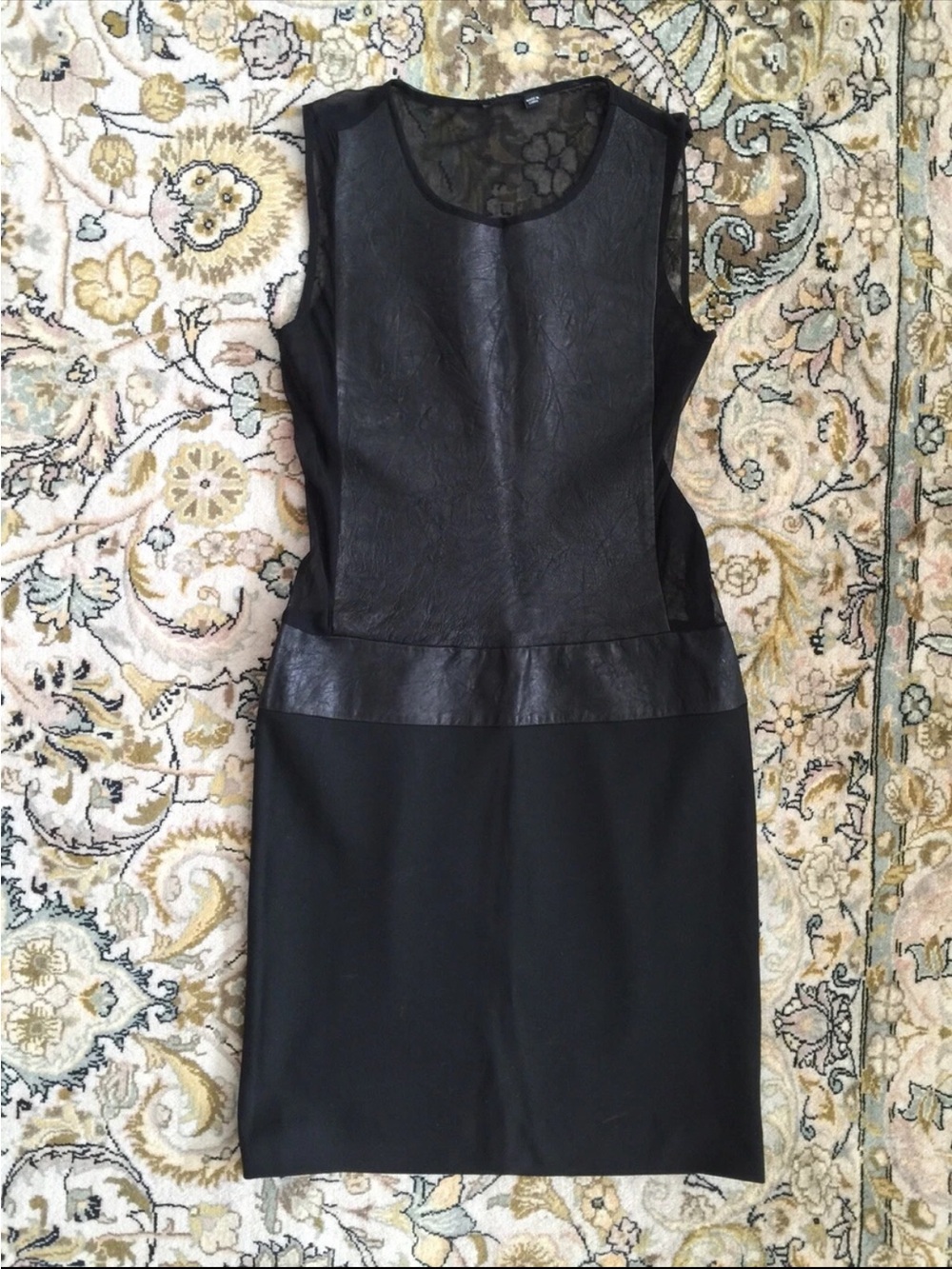 Real leather front and silk Classic Black Sleeveless Sheath Dress s small